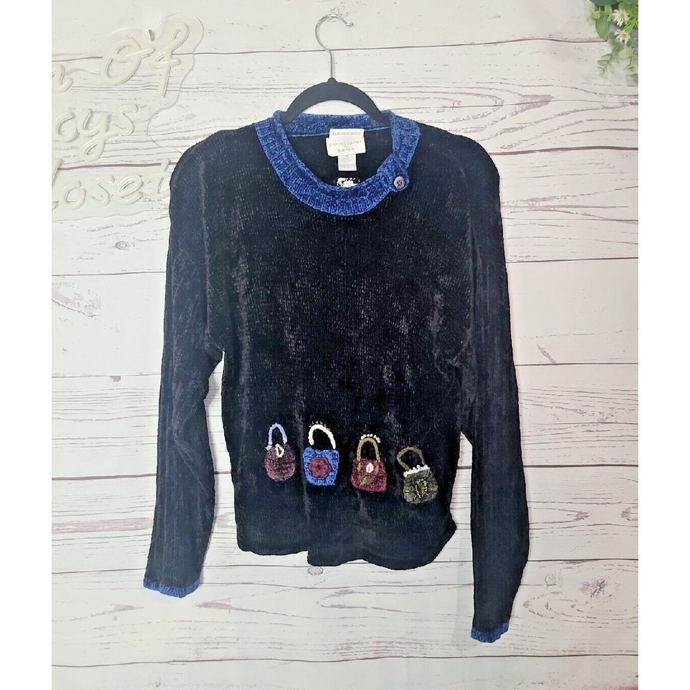 Christopher & Banks Vintage Black Chenille Shopping Bag Sweater Embroidered M